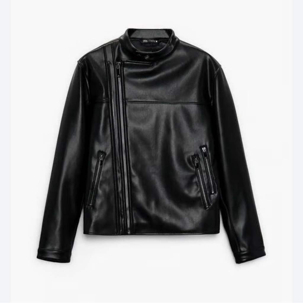 Nwt- Zara Men’s Black Faux Leather Biker Jacket